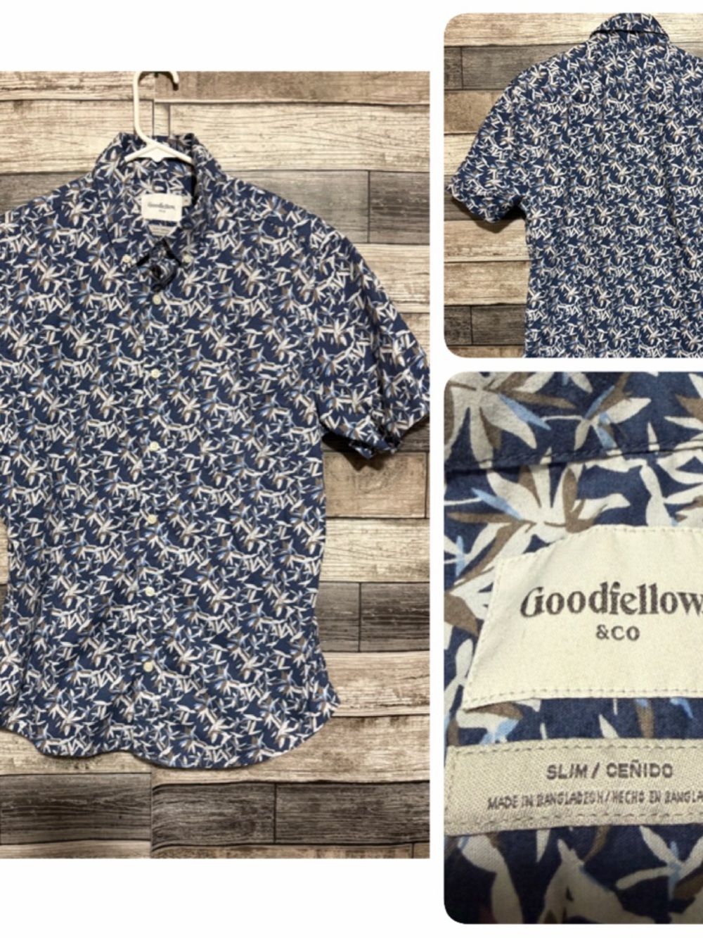 Goodfellow Slim Short Sleeve Floral Button Up Shirt Men’s M Blue Stretch